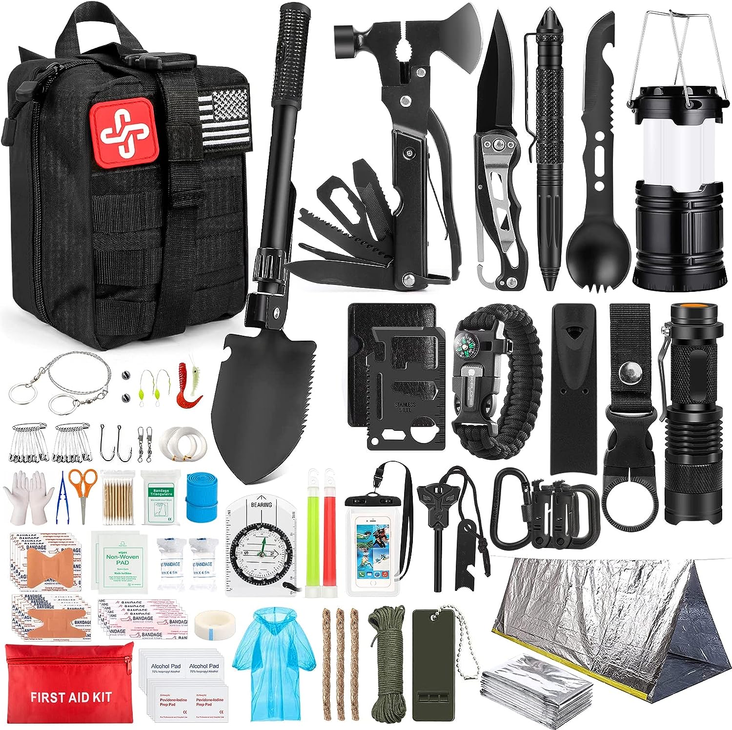 Survival Kit, 250Pcs Survival Gear First Aid Kit with Molle System Compatible Bag and Emergency Tent, Emergency Kit for Earthquake, Outdoor Adventure, Hiking, Hunting, Gifts for Men Women